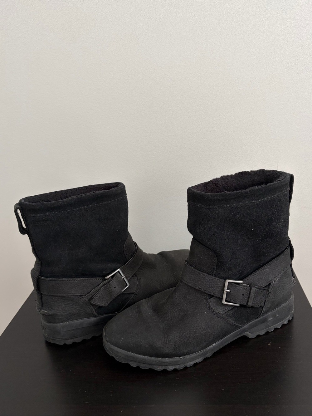Sperry Women's Black Suede/Leather Ankle Boots with Buckle Strap, Size 8.